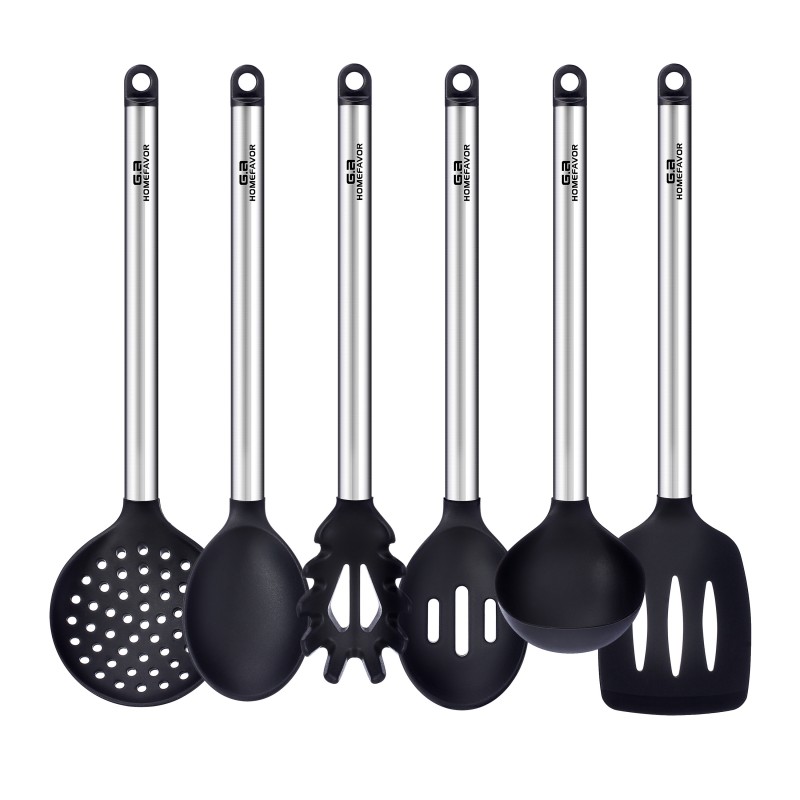 Chef Buddy 6-Piece Cooking Tool Set Stainless Steel Kitchen Utensil Heat Resistant Silicone Kitchenware Black