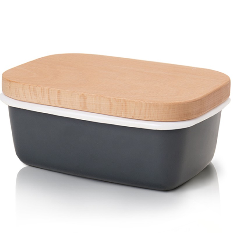 G.a HOMEFAVOR Butter Dish Enamel Butter Keeper Container With Beech Wooden Lid Charcoal Gray