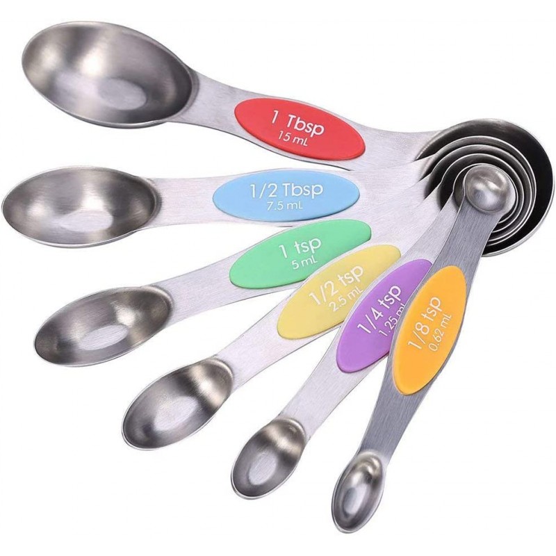 G.a HOMEFAVOR Magnetic Stainless Steel Measuring Spoons Set, Colour-Assorted Round & Oval Measuring Spoons with Accurate Measurement Markings (Set of 6, Colourful)