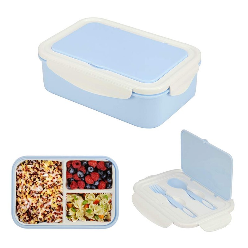 1000 ml Plastic Bento Lunch Box for Adults & Kids, Food Container with 3 Compartments and Cutlery Set(Fork and Spoon), Microwave & Dishwasher Safe (Blue)