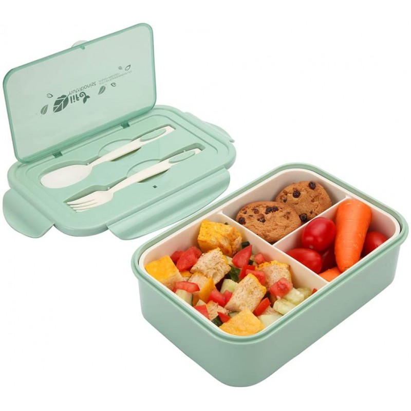 1000 ml Plastic Bento Lunch Box for Adults & Kids, Food Container with 3 Compartments and Cutlery Set(Fork and Spoon), Microwave & Dishwasher Safe (Green)