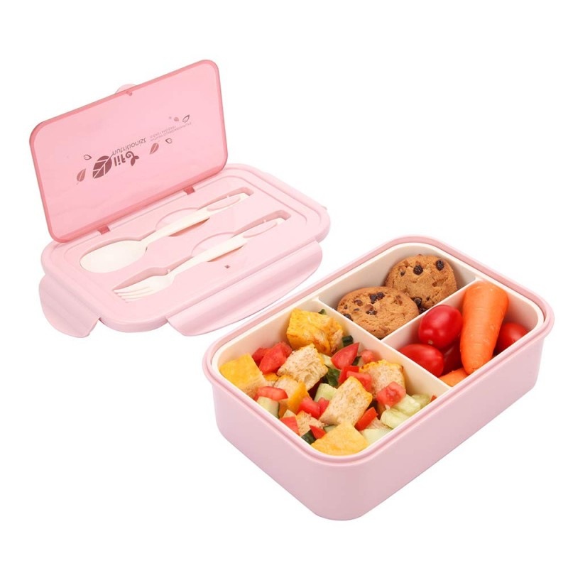 1000 ml Plastic Bento Lunch Box for Adults & Kids, Food Container with 3 Compartments and Cutlery Set(Fork and Spoon), Microwave & Dishwasher Safe (Pink)