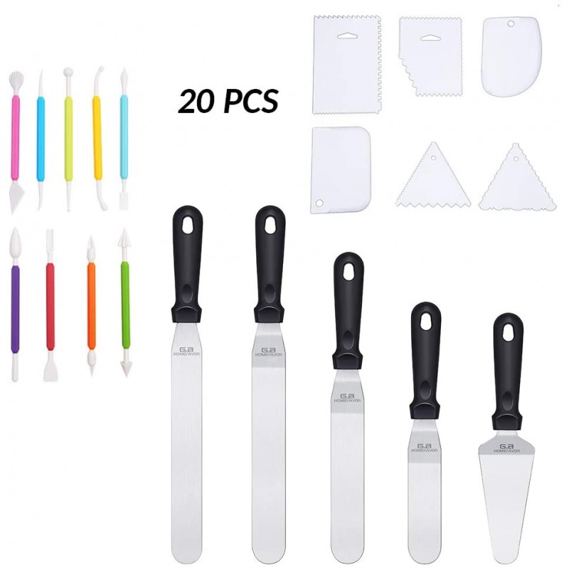 G.a HOMEFAVOR 20 Pcs Cake Decorating Equipment Set, Baking Supplies Kit with 4 Palette Knife Icing Spatula, 1 Cake Pizza Pie Server, 6 Cake Scrapers and 9 Cake Sugarcraft Modelling Tools