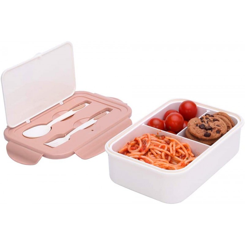 1000 ml Plastic Bento Lunch Box for Adults & Kids, Food Container with 3 Compartments and Cutlery Set(Fork and Spoon), Microwave & Dishwasher Safe (Brown)