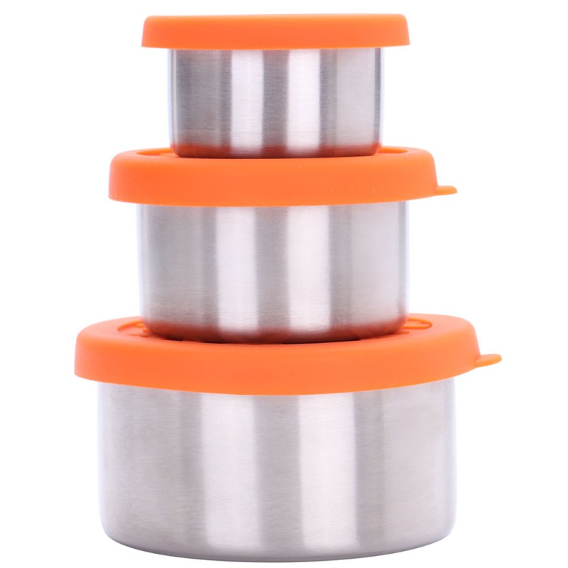 Mini Stainless Steel Snack Pots Set, Salad Dressing Condiment Dipping Pots with Leak Proof Silicone Lid, Portion Control Kids Food Storage Containers for School Office Picnic, Set of 3