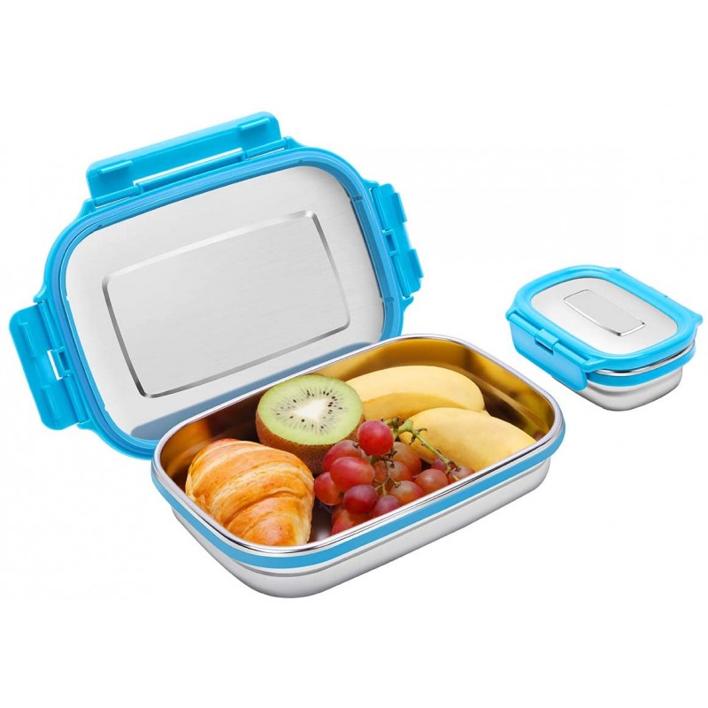Set of 2 Stainless Steel Bento Lunch Box Food Container Storage for Kids or Adults, 2 Packs 180ml+950ml Leak Proof Metal Bento Lunch Container For Work or School-Dishwasher Safe (Blue)