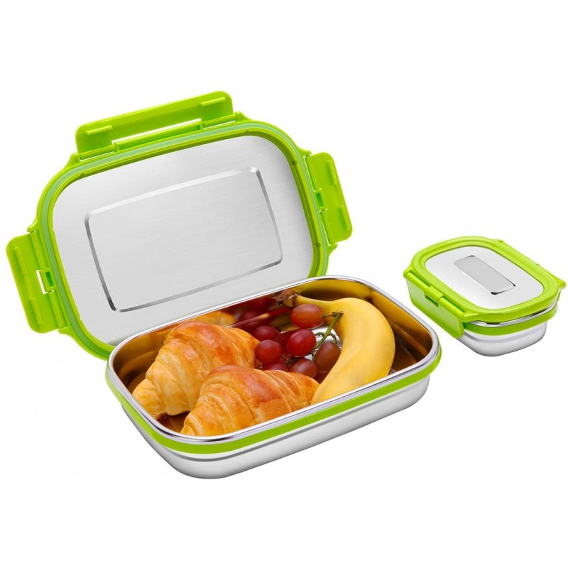 Set of 2 Stainless Steel Bento Lunch Box Food Container Storage for Kids or Adults, 2 Packs 180ml+950ml Leak Proof Metal Bento Lunch Container For Work or School-Dishwasher Safe (Green)