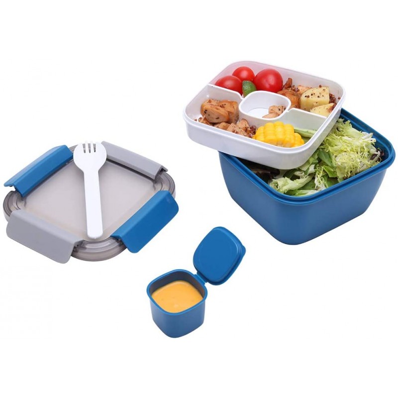 1.1 Litre Salad Container with Dressing Pot & Cutlery, Leak Proof Salad Bowl to the Go with 2 Compartment for Salad Toppings & Snacks, Microwavable Plastic Bento Lunch Box (Blue)