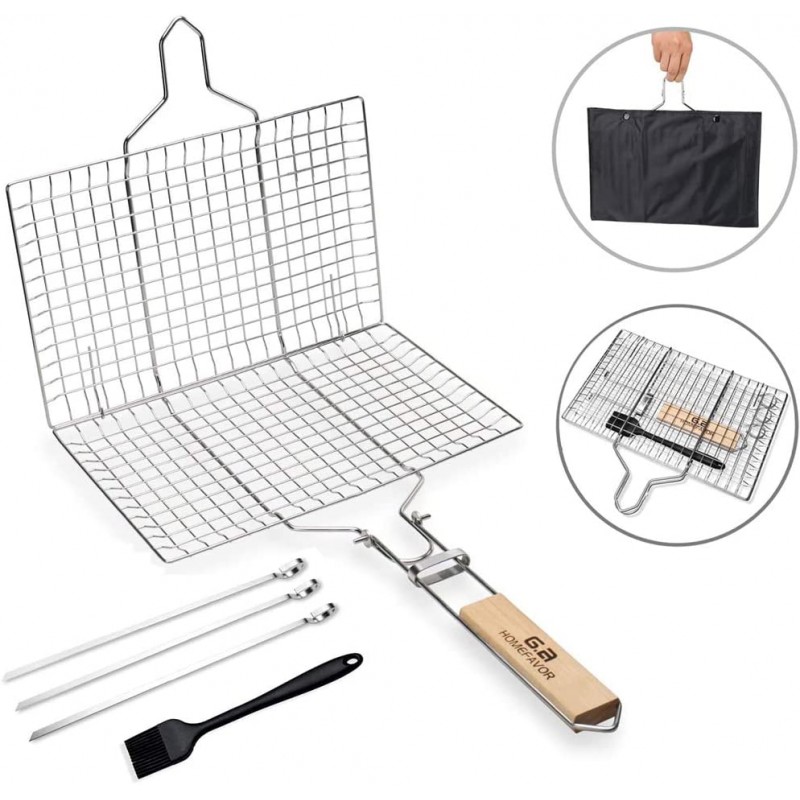 G.a HOMEFAVOR Barbecue Grilling Basket Folding Portable Stainless Steel BBQ Grill Basket Roast for Fish Vegetable Shrimp with Removable Wooden Handle with Basting Brush 3 Metal Skewer and Storage Bag