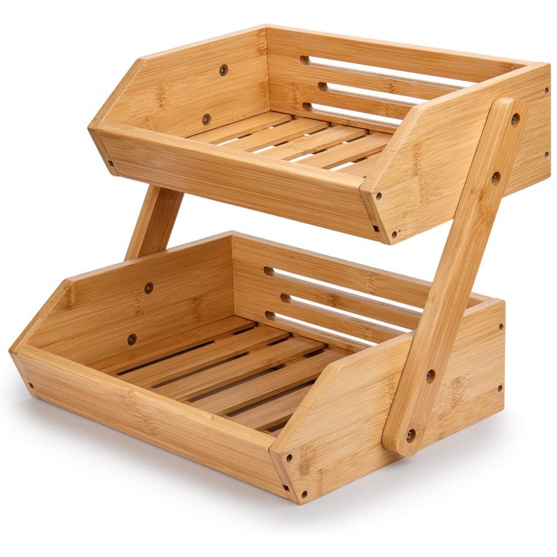 Bamboo Fruit Basket, 2-Tier Bamboo Countertop Fruit Basket for Kitchen Food Storage