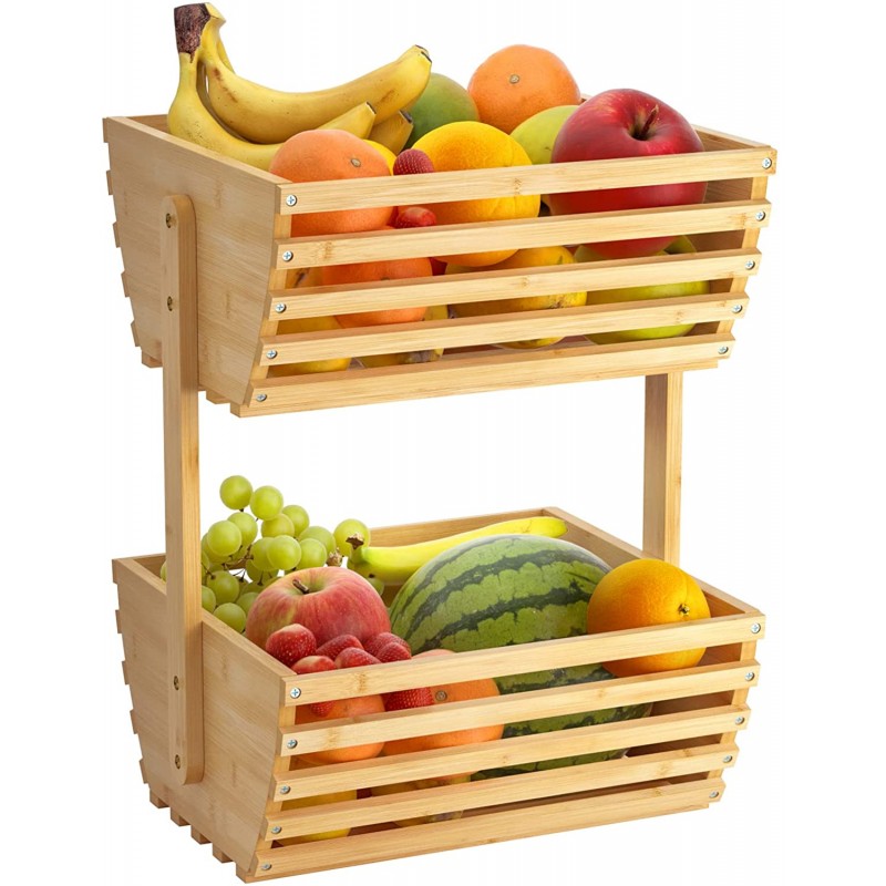 2-Tier Bamboo Fruit Basket, G.a HOMEFAVOR Bamboo Countertop Fruit Baskets for Kitchen Food Storage, Large Capacity Vegetable Storage Stand (Self-assembly)